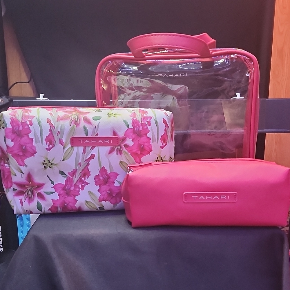 Tahari Pink and Floral Cosmetic Bag Trio
